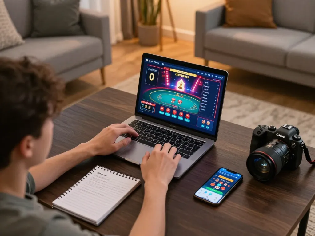 LGO99 player enjoying an online poker game on a laptop in a cozy home setup.