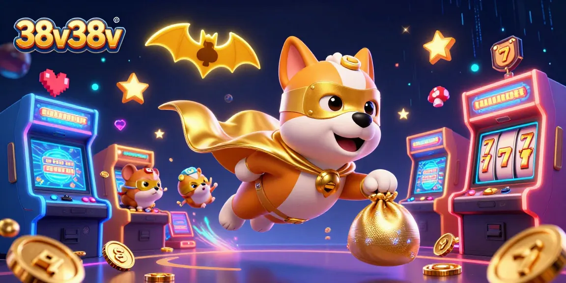 Win big with 38v38v in this vibrant 3D casino illustration featuring superhero dog and animated slot games.