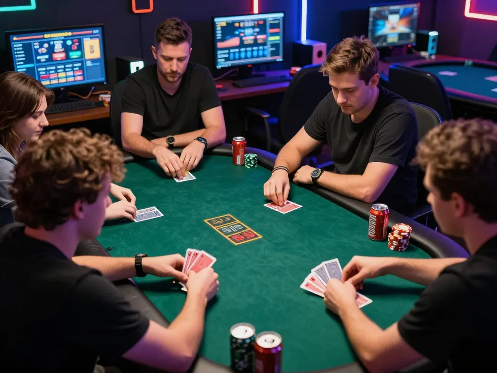The excitement of players at nhà cái rr88 using multiple monitors for online poker gameplay during casual gaming night.