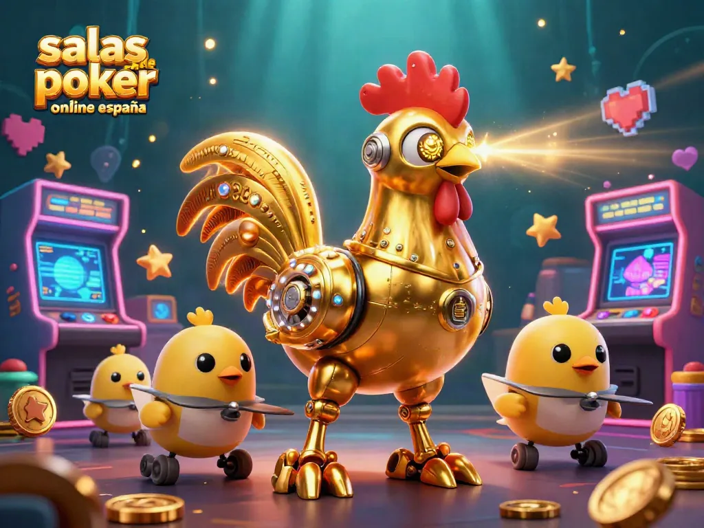 Juega en las salas de poker online España con un emocionante entorno de juego donde un robot gallo dorado y drones te guían.