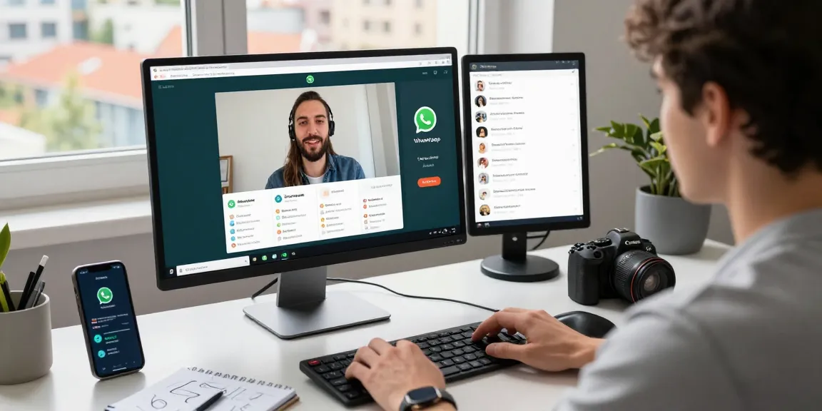 User engaging on WhatsApp電腦版 during video call in a modern workspace with a laptop and smartphone.