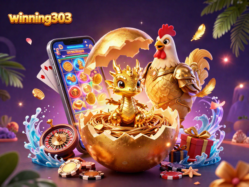 Winning303's epic golden egg reveals a golden dragon amidst vibrant casino elements, enchanting players.