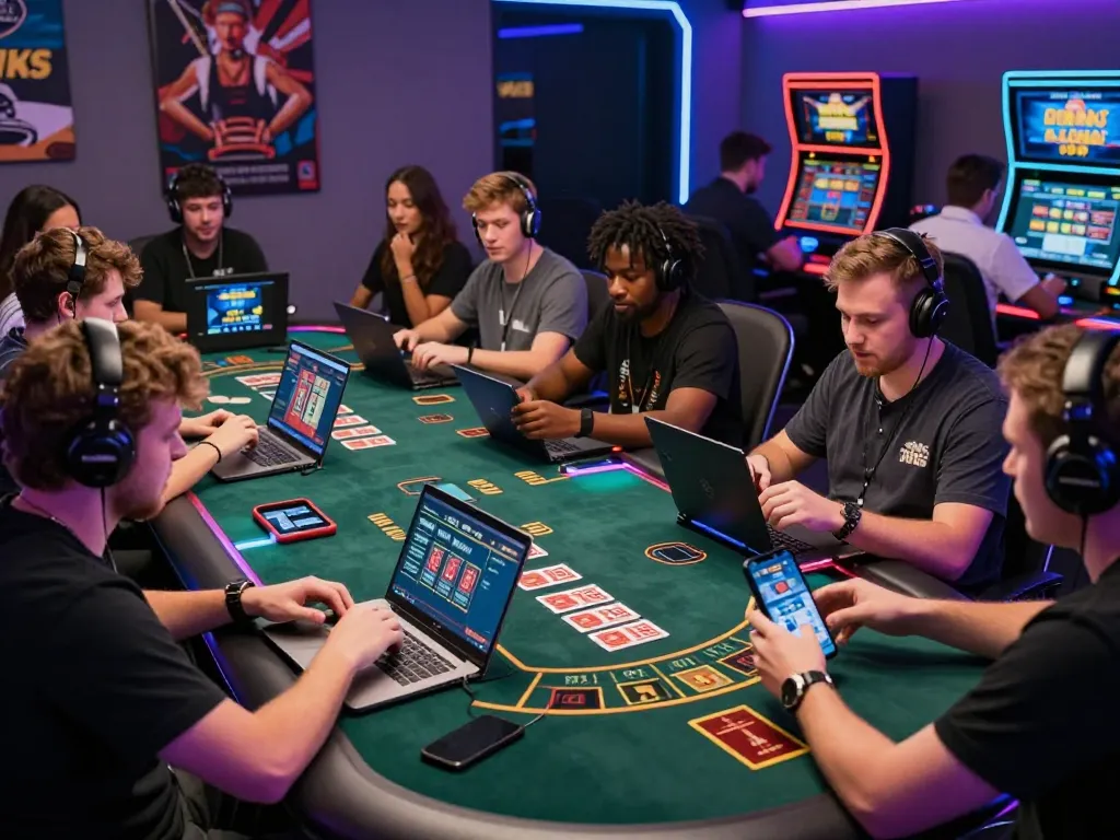 Engaged players participating in baccarat on handheld devices, showcasing the excitement of 바카라사이트.
