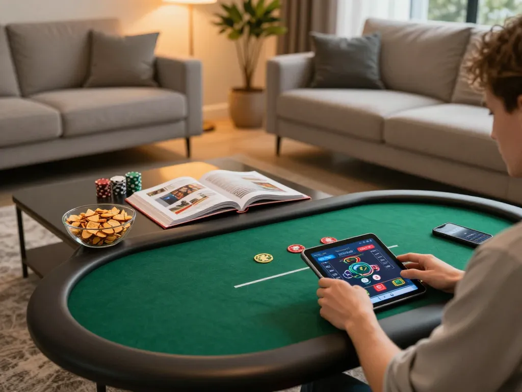 An individual enjoys an online poker game on a tablet, showcasing responsible gaming at ATQ.