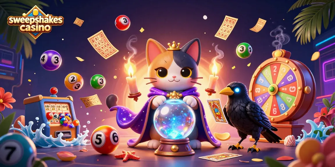 Experience the thrill of sweepstakes casino with a mystical cat and captivating raven in vibrant 3D artwork.