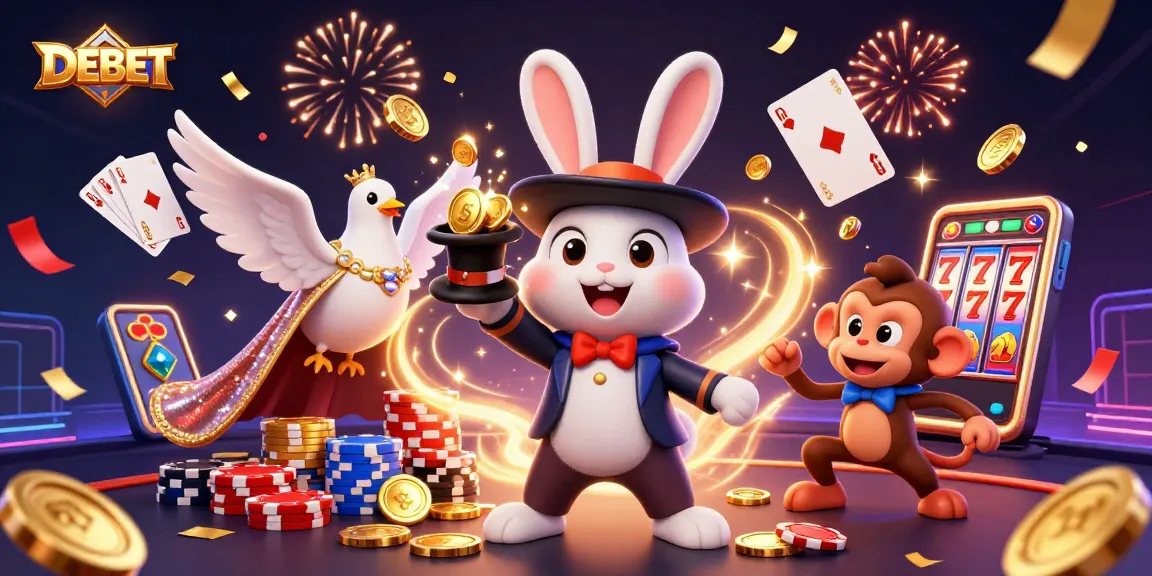 Experience the magic of DEBET as the cartoon magician rabbit pulls coins and poker chips amidst a vibrant casino scene.