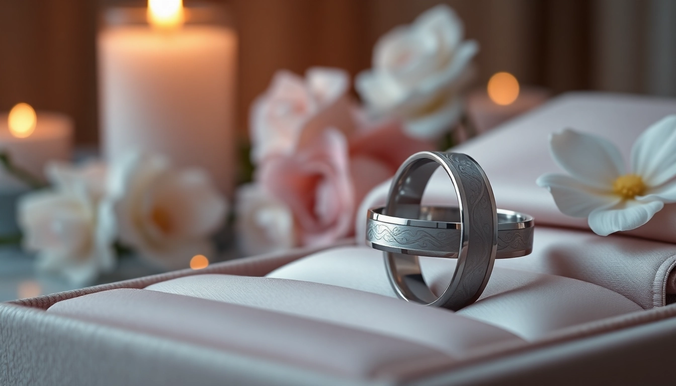 Beautifully crafted tungsten wedding bands resting elegantly on a jewelry box, highlighting their unique engravings.