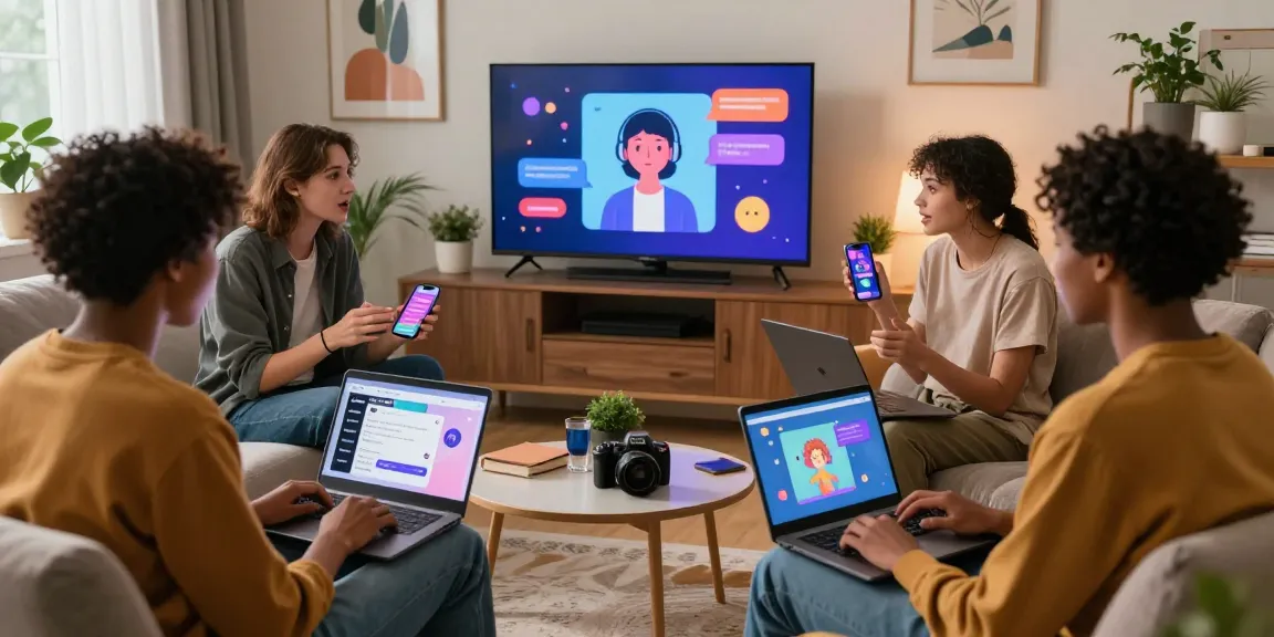 Engaging group using nsfw chat ai in modern living room, vibrant tech interfaces.