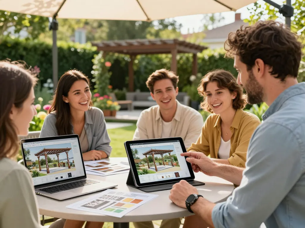 3D Pergola Configurator in action with clients exploring outdoor design options, showcasing vibrant garden and engaging atmosphere.