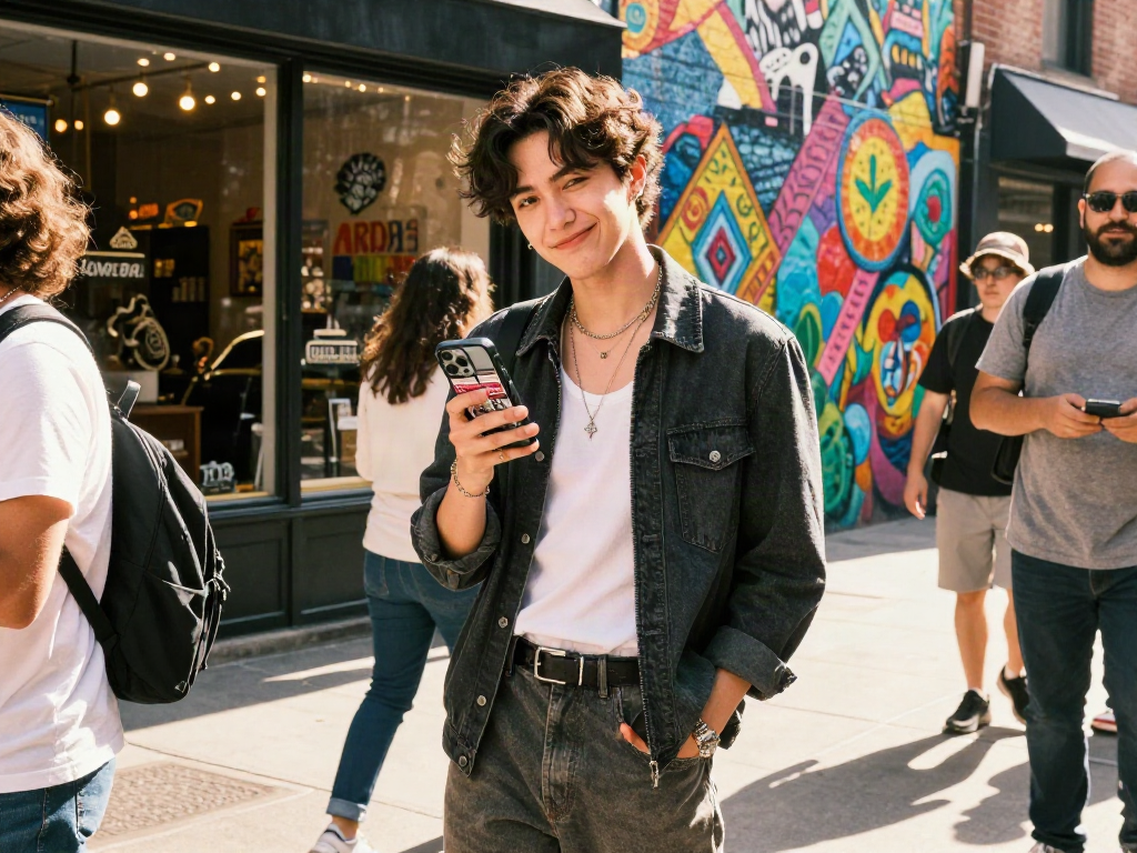 Look alikes of famous people showing stylish person in urban street, embodying celebrity vibes.