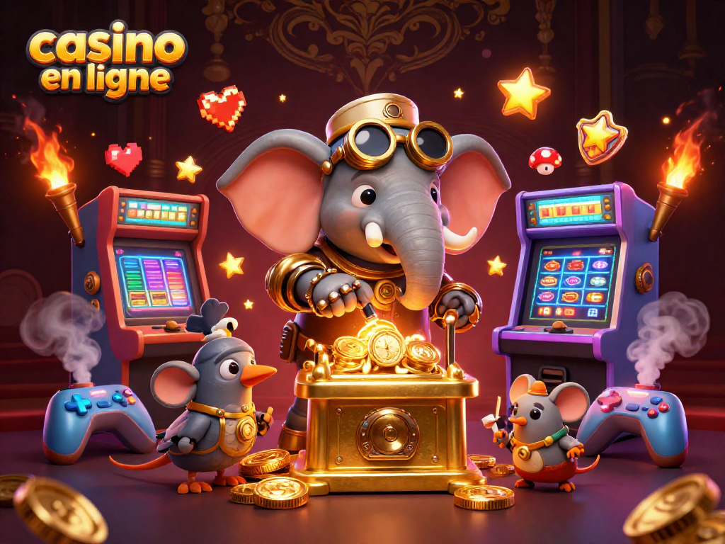 Jouez au casino en ligne avec l'éléphant ingénieur actionnant une machine à sous dorée dans une scène colorée.