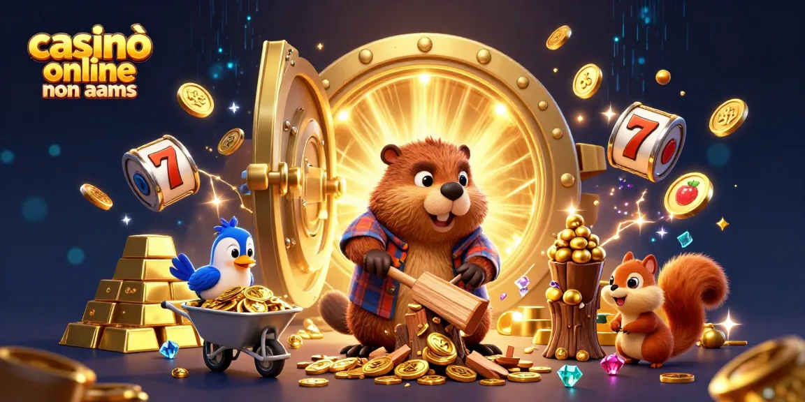 Il casinò online non AAMS presenta un vivace personaggio di castoro che raccoglie tesori in una dinamica scena di casinò.