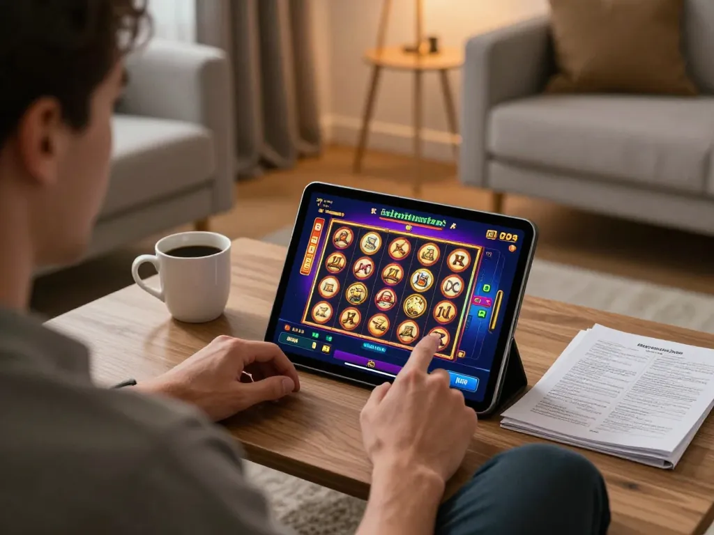 NAGA2000 player spinning reels on tablet in cozy home setting with strategy notes