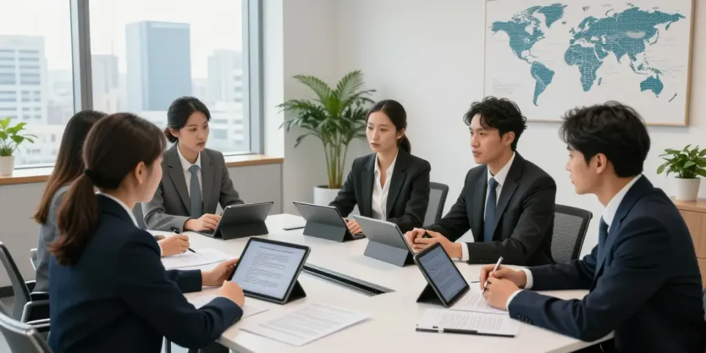 Lead Roedl team collaborating in a modern legal consulting office, discussing cross-border transactions.