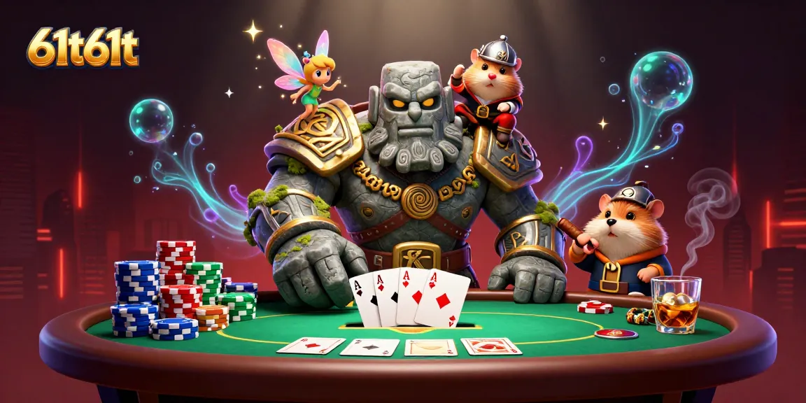 Experience immersive betting action with 61t61t featuring a magical golem, fairy, and hamster knight in a vibrant casino.