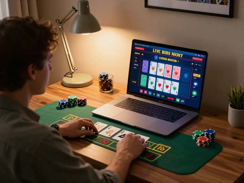 manclub player engaging in live dealer blackjack on laptop in cozy home office