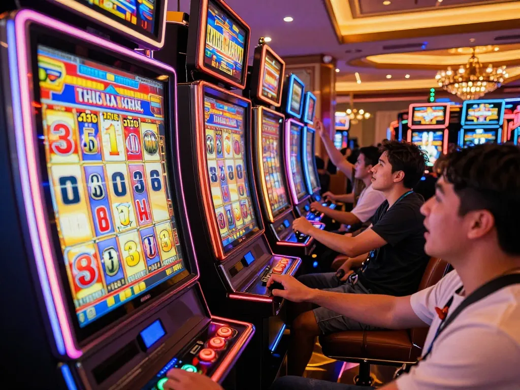Players joyfully spinning slot machines in a vibrant casino, dynamic action showcasing thrilling gameplay.