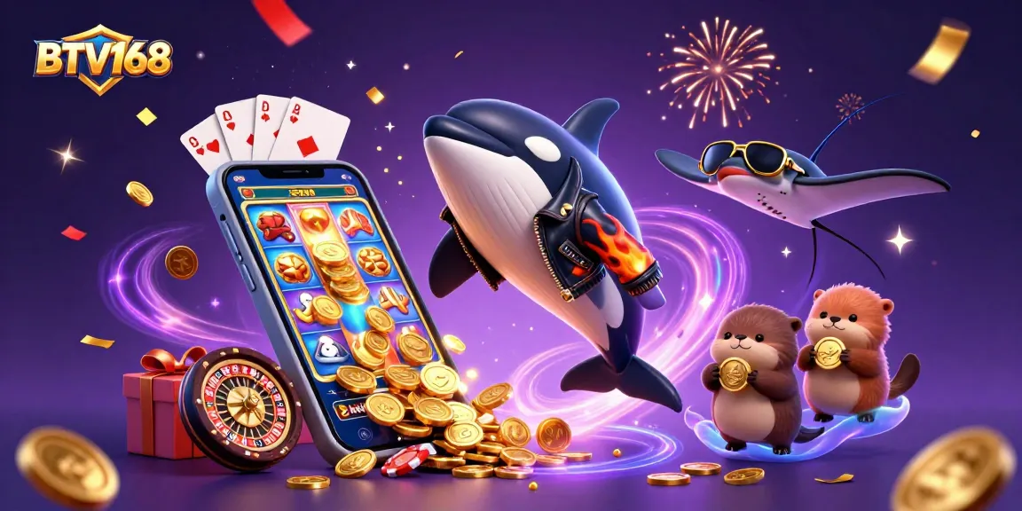 BTV168 showcases a vibrant casino scene with a colorful orca whale, stingray, and otters celebrating with coins.