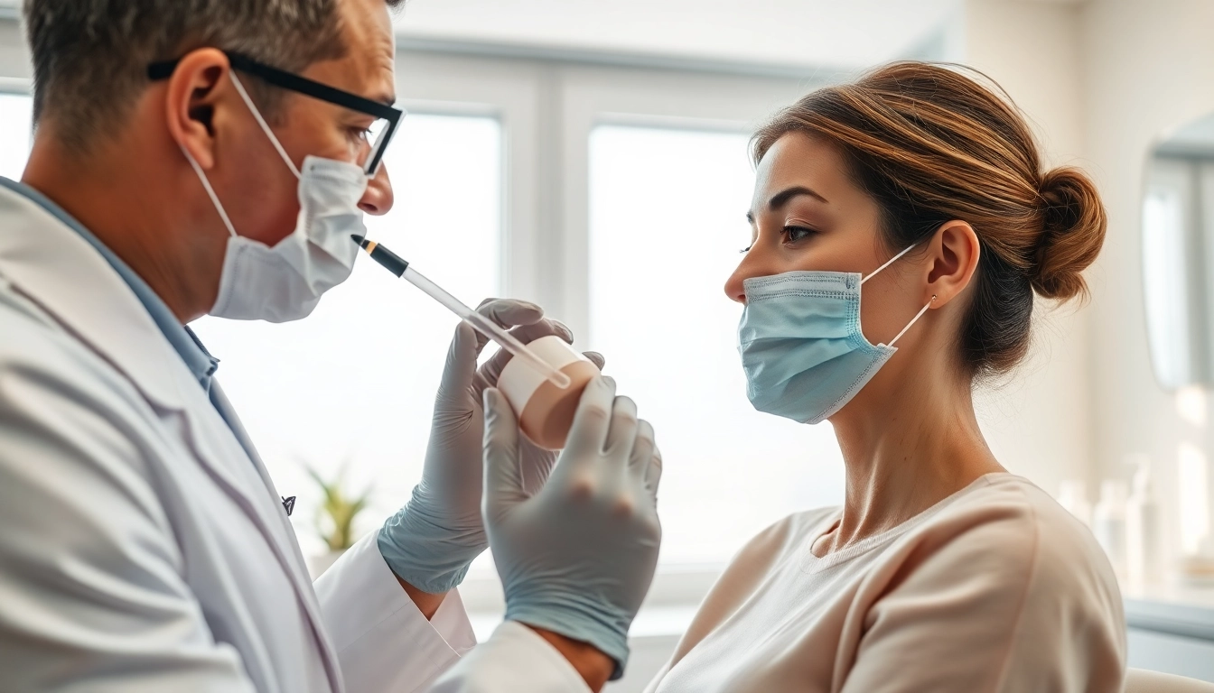 Expert consultation for Acne treattreatment, displaying skincare products and a caring dermatologist.