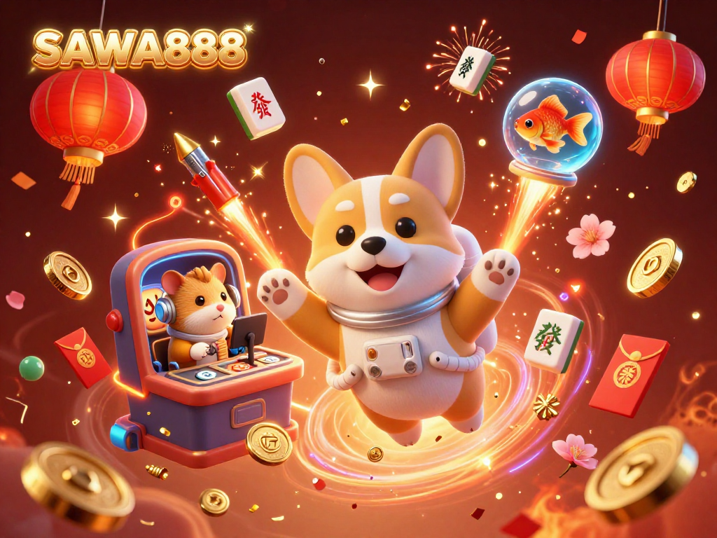 Experience vibrant excitement at SAWA888's cosmic casino with animated gaming characters and festive elements.