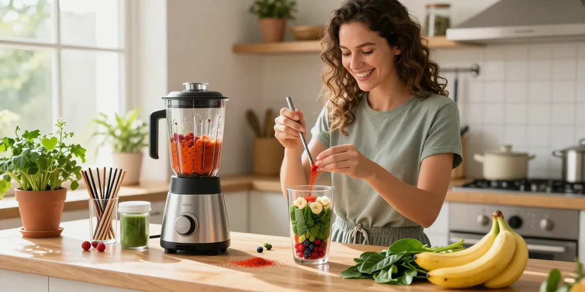 Blending vegan astaxanthin smoothie with fresh ingredients in a bright kitchen.