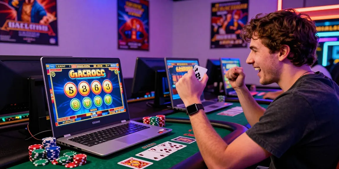 Excited player celebrating a win on slot gacor game surrounded by poker chips and colorful graphics