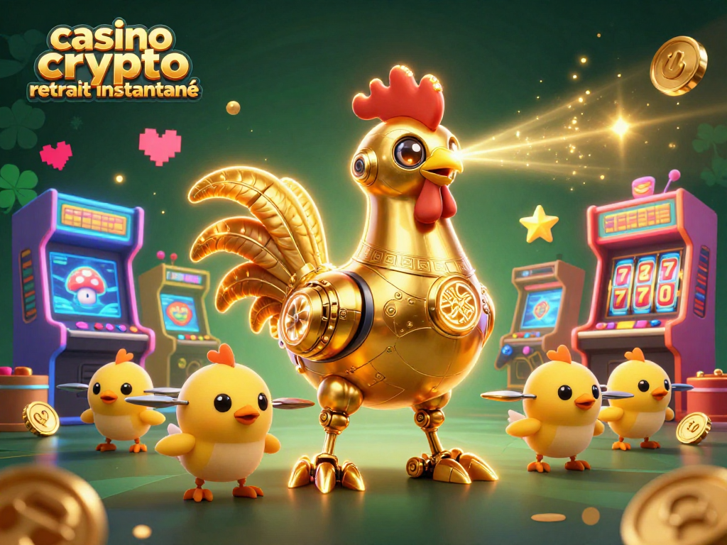 Les gains rapides au casino crypto retrait instantané, avec un robot doré et des drones, ambiance festive.