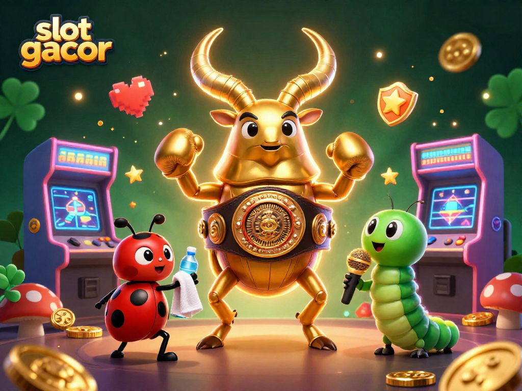 Slot gacor yang menarik dengan karakter lucu dan elemen permainan kasino yang berkilau.
