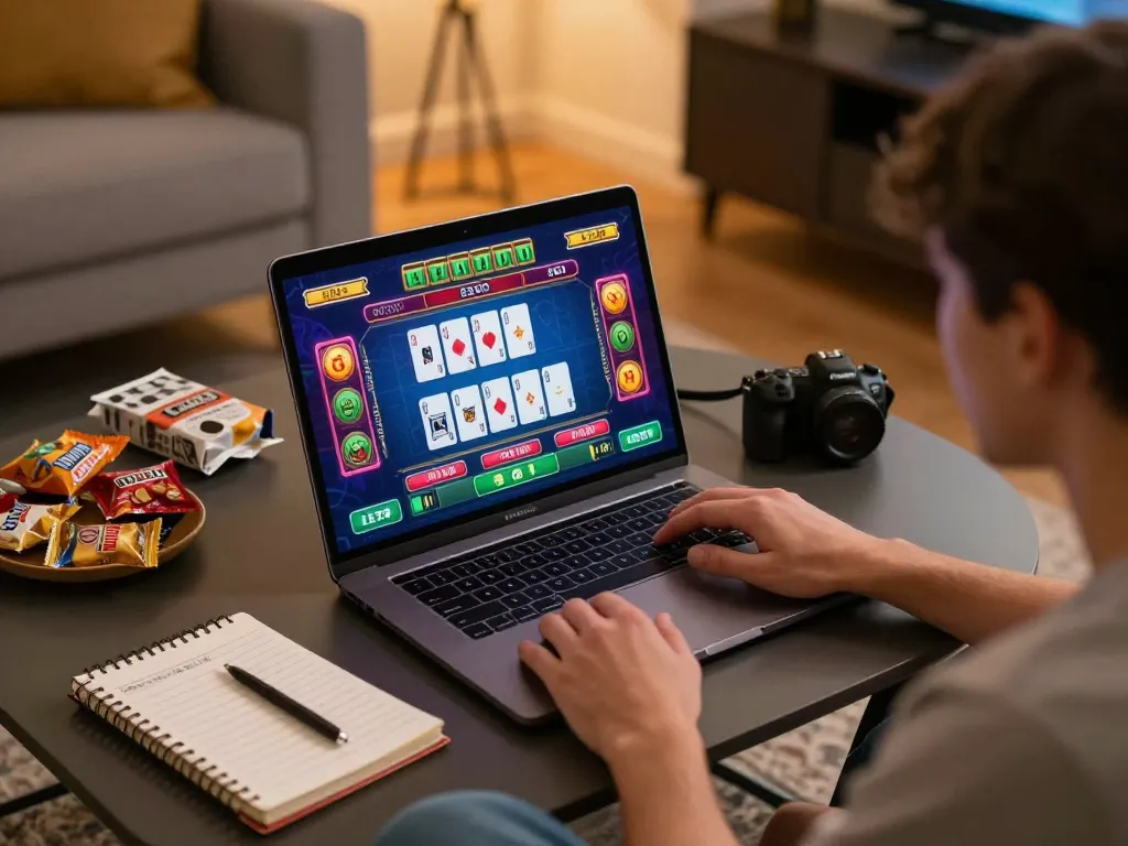 Player in the online casino engaging with situs slot gacor live dealer game on a laptop in cozy home setting.