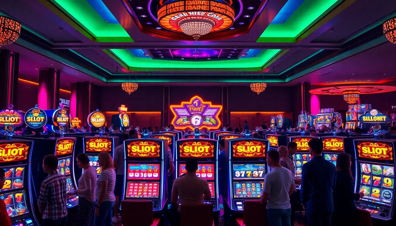 Players enjoying different SLOT machines in a glamorous casino setting with vibrant lights and excitement.