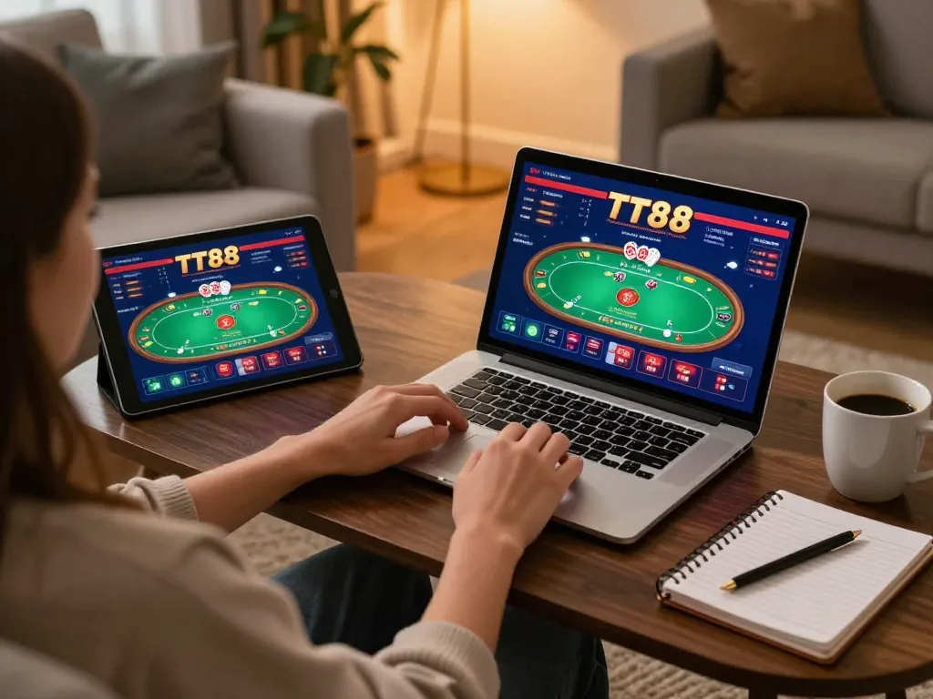 Engaging TT88 online poker gameplay setup with cozy home ambiance promoting responsible gaming.
