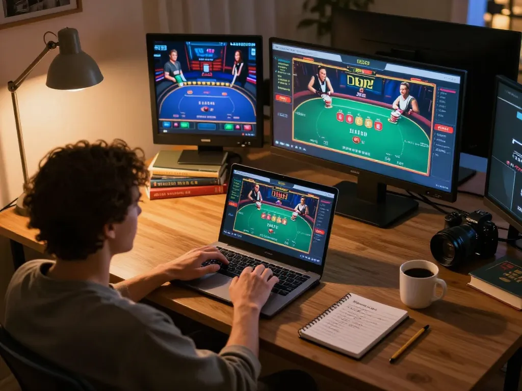 Engaged player reviewing Điều Khoản & Điều Kiện while playing poker online, surrounded by strategic notes.