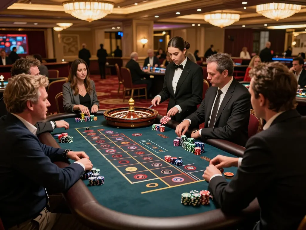 Engaged players at a roulette table in a vibrant casino, highlighting the excitement and strategy associated with vidyasewingmachine.