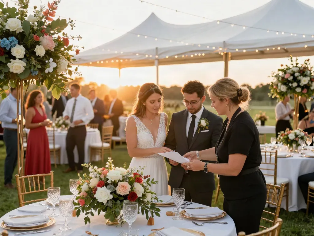 Event rentals for weddings with elegant outdoor setup, floral arrangements, and happy guests.