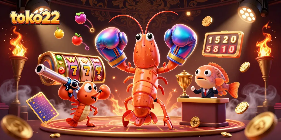 Play slots and win with toko22, featuring a vibrant 3D casino scene with lively characters and jackpot elements.