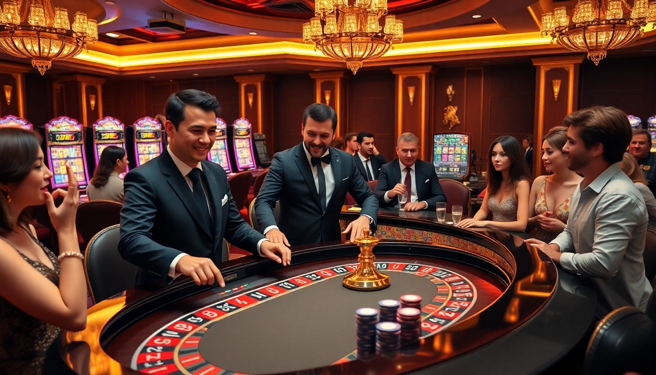 Découvrez l'excitation des casinos en ligne français avec une table de roulette sophistiquée et des joueurs animés.