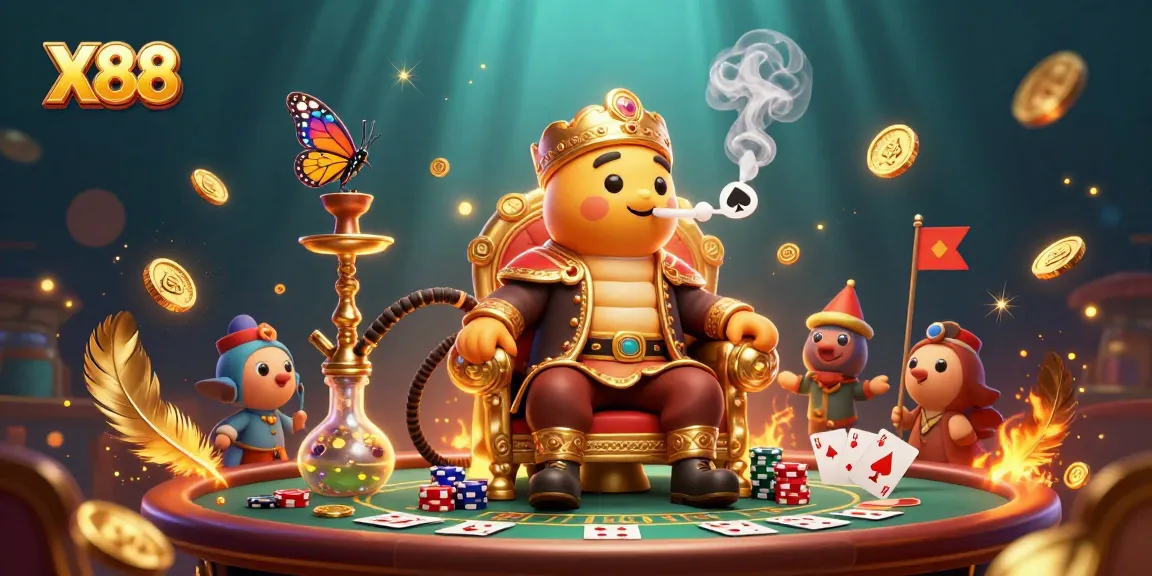 X88 casino scene featuring a caterpillar hookah-master surrounded by poker elements and gold coins.