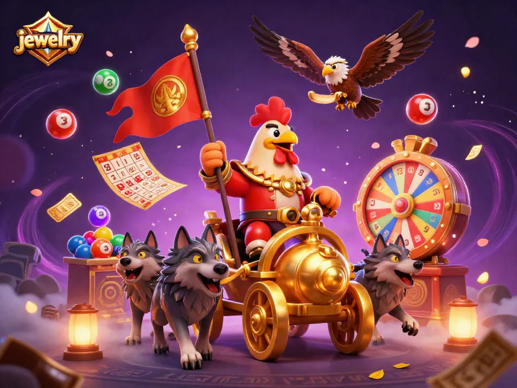 Catch exciting jewelry fun with a dynamic rooster warlord scene featuring casino elements.