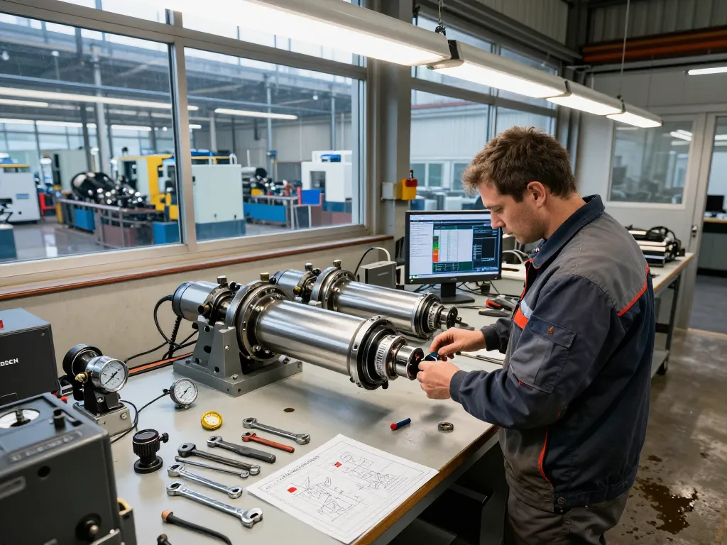 Technician examining Bosch Rexroth hydraulic components in an engineering workshop.