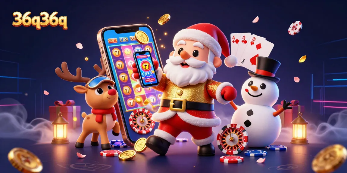 Spin 36q36q's jackpot slots with Santa and friends in a vibrant casino illustrated scene