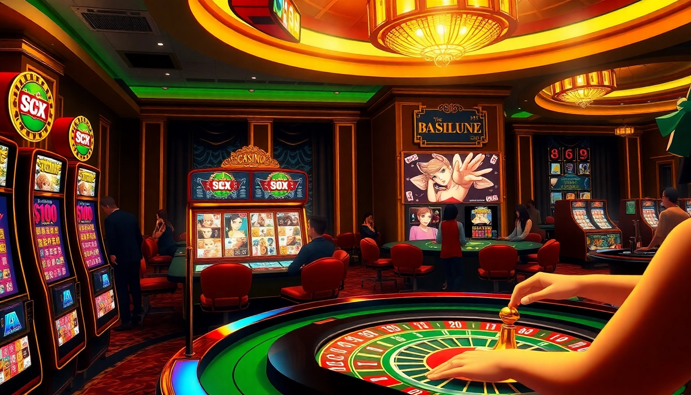 Engage in a thrilling sex game experience at a luxurious casino filled with vibrant slot machines and betting excitement.