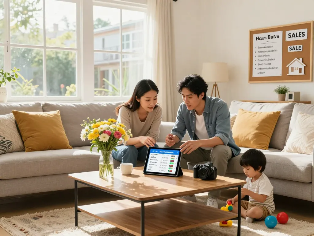Sell my home urgently: Family discussing home selling strategies with vibrant living room decor.