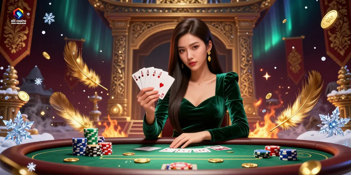 Siti casino non AAMS presenta una straordinaria scena di poker con una donna asiatica a un tavolo lussuoso, circondata da monete d'oro e elementi di gioco emozionanti.