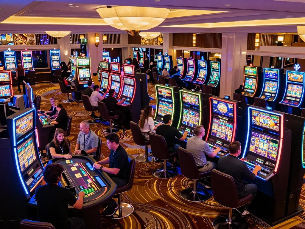 Players enjoying games at 789win com casino floor with vibrant atmosphere and slot machines.