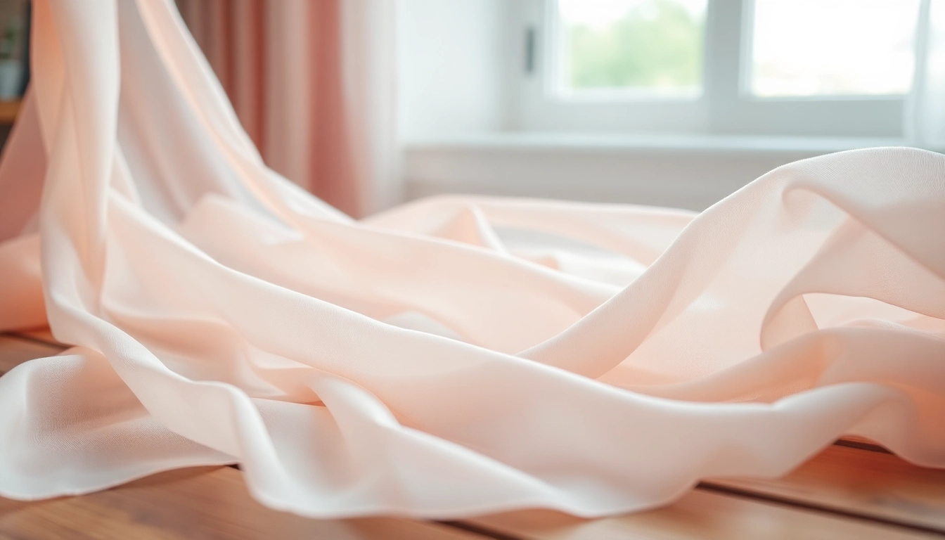 Chiffon draped over a table showcasing its delicate texture en zachte kleuren.