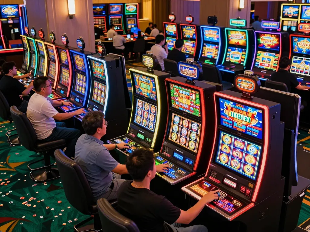Players experience thrilling slot gacor gameplay at a lively casino, vibrant machines glowing in the scene.