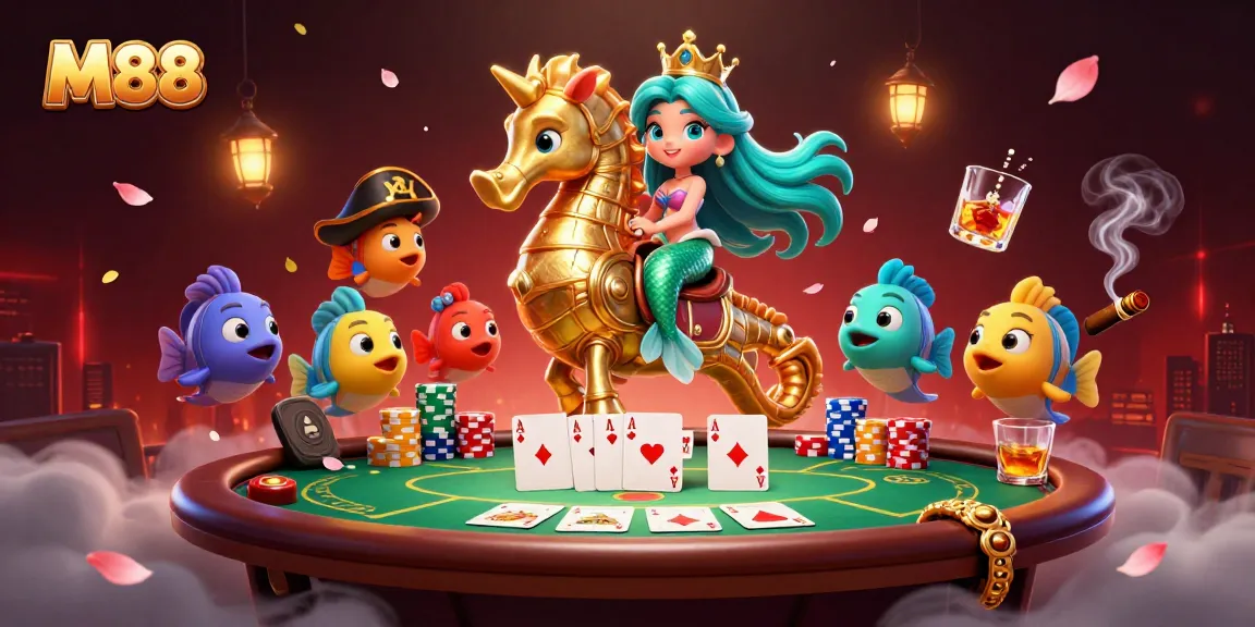 Win big with M88 in a vibrant 3D casino scene featuring colorful characters and poker elements.