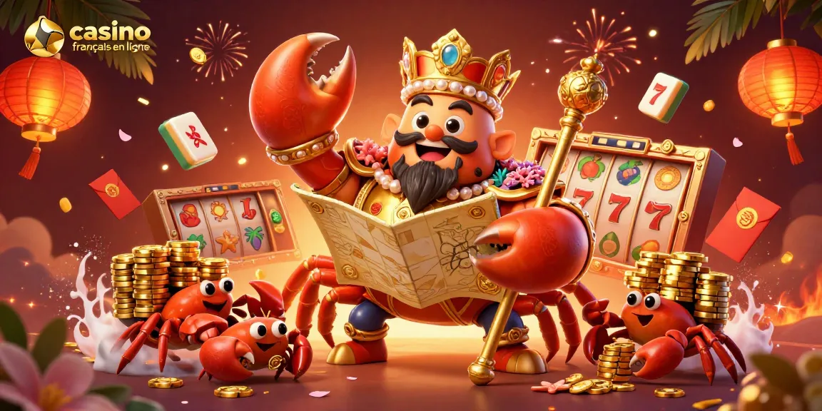 Visitez un casino francais en ligne avec un crabe empereur doré entouré de jeux et de trésors scintillants.