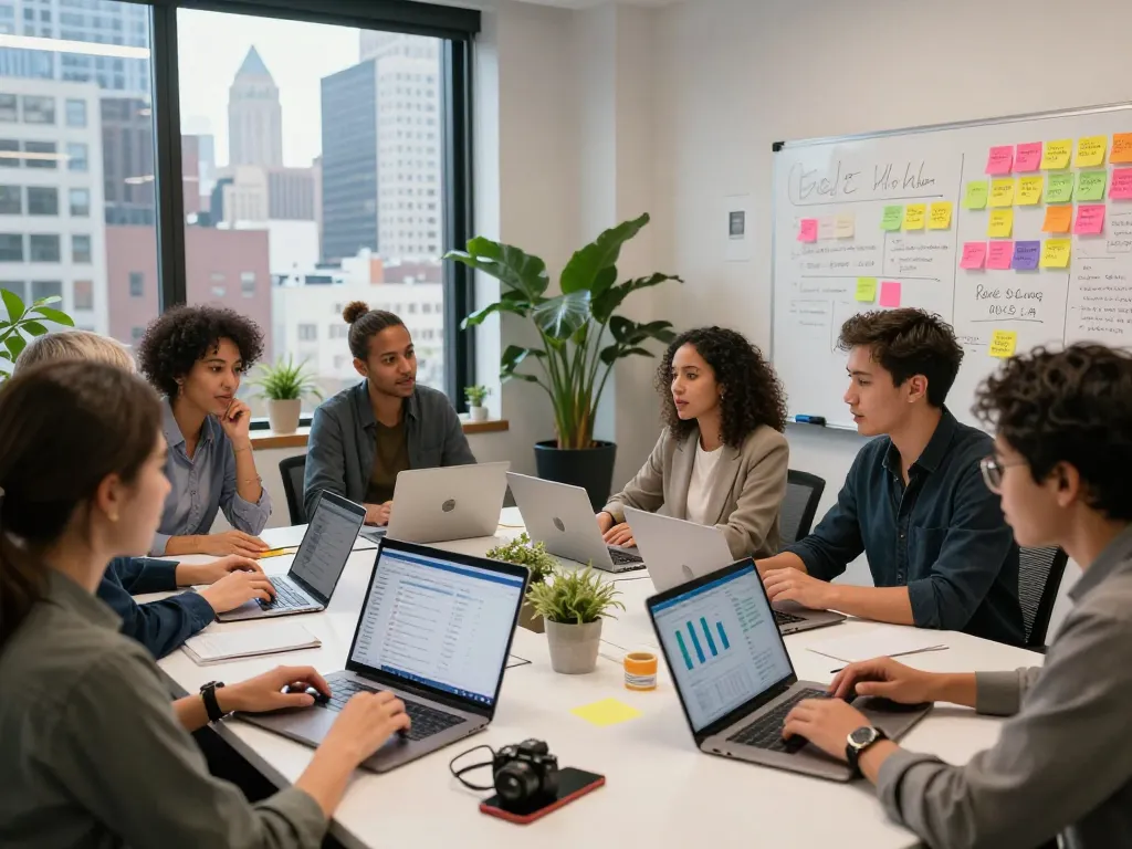 Team collaborating on Local SEO NYC strategies in a vibrant NYC office setting