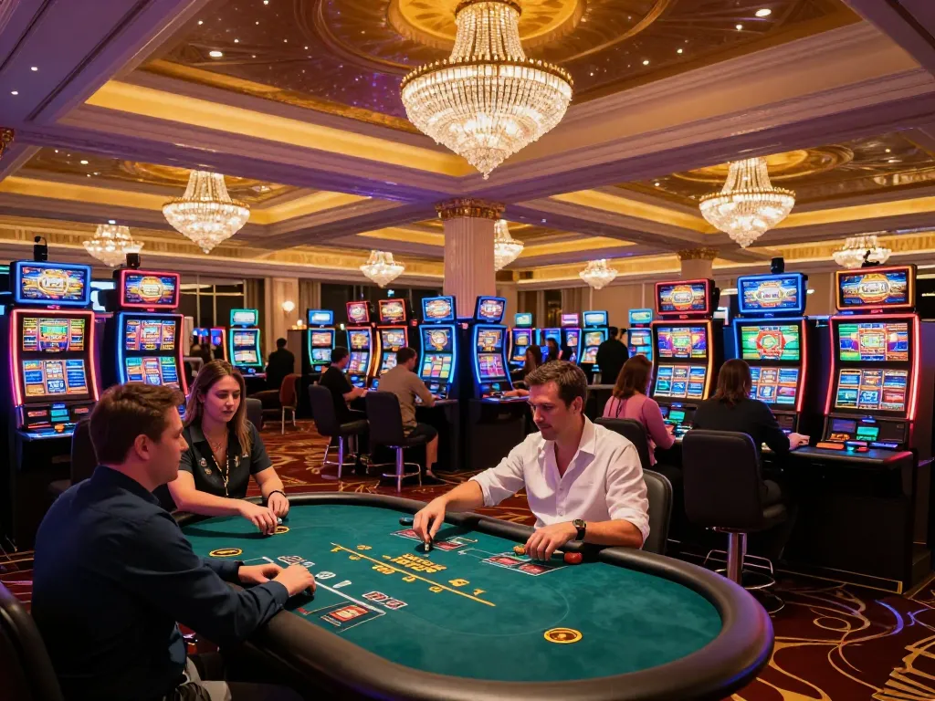 8kbet players engaging with exciting slot machines and table games in a luxurious casino